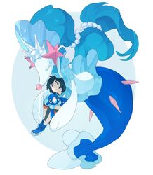  1boy blue_hair bubble buntatta capri_pants commentary elio_(pokemon) fins grey_eyes long_hair looking_up mother_and_child motherly open_mouth pants pink_nose pokemon pokemon_(creature) pokemon_sm popplio primarina shirt shoes short_hair sneakers starfish_hair_ornament striped_clothes striped_shirt 