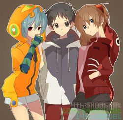  1boy 2girls alternate_costume ayanami_rei bad_id bad_pixiv_id black_eyes black_hair blue_hair brown_hair casual cosplay fashion hands_in_pockets head_tilt hero_(dka) hood hoodie ikari_shinji multiple_girls neon_genesis_evangelion own_hands_clasped own_hands_together pantyhose pantyhose_under_shorts photoshop_(medium) rebuild_of_evangelion red_eyes sahaquiel_(evangelion) sahaquiel_(evangelion)_(cosplay) shamshel_(evangelion) shamshel_(evangelion)_(cosplay) short_hair shorts souryuu_asuka_langley striped zeruel_(evangelion) zeruel_(evangelion)_(cosplay) zipper 