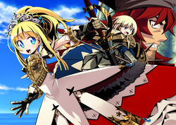  1boy 2girls armor armored_dress blonde_hair blue_eyes commentary_request dress gauntlets minami_juujisei multiple_girls phalanx_(sekaiju) phalanx_2_(sekaiju) photoshop_(medium) pirate_(sekaiju) pirate_1_(sekaiju) princess_(sekaiju) princess_2_(sekaiju) red_hair sekaiju_no_meikyuu sekaiju_no_meikyuu_3 sharp_teeth teeth tiara weapon 