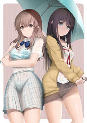  bad_id bad_pixiv_id banned_artist between_breasts black_hair blue_eyes bra breasts brown_cardigan brown_eyes brown_hair cardigan carrying_over_shoulder cowboy_shot fay_(fay_axl) holding holding_umbrella koe_no_katachi long_hair medium_breasts multiple_girls nishimiya_shouko open_cardigan open_clothes outside_border plaid plaid_skirt pleated_skirt rain rounded_corners school_uniform see-through serafuku shared_umbrella short_hair skirt ueno_naoka umbrella underwear wet wet_clothes wringing_clothes 