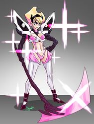  :&lt; aged_up blonde_hair blue_eyes breasts commentary diepod english_commentary female hairband hand_on_own_hip highres huge_weapon kamui_(kill_la_kill) kill_la_kill large_breasts mandy_(grim_adventures) midriff navel parody revealing_clothes scythe short_hair solo sparkle suspenders the_grim_adventures_of_billy_&amp;_mandy weapon 