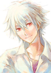  1boy albino bad_id bad_pixiv_id commentary_request evangelion:_3.0_you_can_(not)_redo head_tilt kazamasimaro male_focus nagisa_kaworu neon_genesis_evangelion photoshop_(medium) rebuild_of_evangelion red_eyes smile solo white_hair 