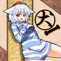  against_wall animal_ears bone breasts commentary_request ears_down female goma_azarasi hand_on_own_chest hat inubashiri_momiji long_sleeves medium_breasts naked_sweater oerba_yun_fang open_mouth red_eyes solo striped_clothes striped_sweater sweater thighs tokin_hat touhou white_hair wolf_ears 