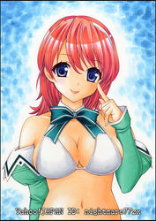  bikini blue_eyes breasts cleavage commentary_request detached_sleeves female hairband hasegawa_akemi large_breasts navel nightmare77zx pia_carrot_(series) pia_carrot_e_youkoso!!_3 red_hair short_hair swimsuit tongue tongue_out 