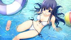  aete_mushisuru_kimi_to_no_mirai arm_support ball beachball bikini blue_eyes blue_hair blush female front-tie_top game_cg hair_ornament hairclip innertube kazami_haruki long_hair misaki_souka navel open_mouth partially_submerged sandals shoes side-tie_bikini_bottom solo swim_ring swimsuit unworn_shoes water wavy_mouth wet white_bikini 