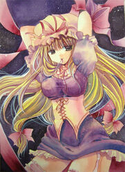  arms_behind_head blonde_hair bow breasts choker clothes_lift commentary_request corset cowboy_shot dress dress_lift female floating_hair garter_straps hairbow hat hat_ribbon long_hair looking_at_viewer medium_breasts mob_cap mouth_hold painting_(medium) puffy_short_sleeves puffy_sleeves purple_dress ribbon ribbon_choker short_sleeves solo space taut_clothes taut_dress tei thighhighs thighs touhou traditional_media underbust very_long_hair watercolor_(medium) white_thighhighs yakumo_yukari 