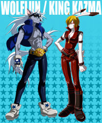  2boys armlet blonde_hair blue_background blue_eyes blue_jacket body_fur boots claws commentary_request cosplay costume_switch fingerless_gloves full_body furry furry_male gloves goggles goggles_on_head grey_fur hand_on_own_hip high_collar highres jacket jewelry jumpsuit king_kazma long_hair looking_at_viewer male_focus multiple_boys precure rabbit_boy red_eyes red_jumpsuit shoes short_hair sleeveless sleeveless_jacket sleeveless_jumpsuit smile_precure sneakers standing star_(symbol) star_symbol_background studded_armlet summer_wars tail toned toned_male very_long_hair wauwa white_fur white_hair wolf_boy wolfrun 