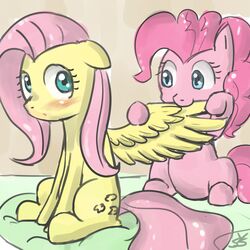 1:1 allopreening blue_eyes blush cutie_mark duo earth_pony equid equine feather_preening feathered_wings feathers female feral fluttershy_(mlp) friendship_is_magic fur hair hasbro horse mammal my_little_pony mythological_creature mythological_equine mythology pegasus personal_grooming pink_body pink_fur pink_hair pinkie_pie_(mlp) pony simple_background social_grooming source_request speccysy tail wings yellow_body yellow_feathers yellow_fur