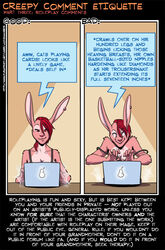 anthro biped clothing comment commentary comparison computer ear_piercing electronics english_text fabinella female food fruit hair how-to humor lady_snakebite lagomorph laptop leporid mammal pear piercing plant rabbit red_eyes red_hair shirt sitting solo tank_top text topwear