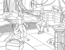 alien anthro black_and_white canid canine canis control_room dialogue digital_drawing_(artwork) digital_media_(artwork) domestic_dog duo jackal line_art male mammal monochrome science_fiction sitting tail text thestory wire