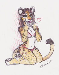 anthro bagel bread clothed clothing felid female food heart_symbol leopard leopard_spots mammal nom pantherine shiverz sketch skimpy solo spots tail