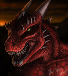 2012 angry anthro argonian bethesda_game_studios bodily_fluids brun_(brunalli) brunalli drooling fangs gem green_eyes horn lizard male microsoft muscular muscular_anthro muscular_male pecs pupils red_body red_scales reptile saliva scales scalie skyrim slit_pupils solo teeth the_elder_scrolls tidmatiger