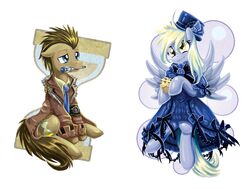 2012 blonde_hair blue_eyes british_broadcasting_corporation brown_hair clothing cutie_mark derpy_hooves doctor_who doctor_whooves_(mlp) dress duo earth_pony equid equine feathered_wings feathers female feral food friendship_is_magic hair hasbro hat headgear headwear horse male mammal muffin my_little_pony mythological_creature mythological_equine mythology pegasus pony saturnspace simple_background sonic_screwdriver tail white_background wings yellow_eyes