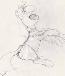 2012 blossomforth_(mlp) clothing ecmajor equid equine feathered_wings feathers female feral friendship_is_magic hasbro legwear lingerie looking_at_viewer mammal monochrome my_little_pony mythological_creature mythological_equine mythology panties pegasus simple_background smile solo stockings tail traditional_media_(artwork) underwear white_background wings