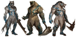 anthro axe bear bodypaint canid canine canis group guild_wars hammer kekai_kotaki male mammal melee_weapon mythological_canine mythological_creature mythology norn pose simple_background suid suina sus_(pig) sword tattoo tools warhammer warrior weapon were werecanid werecanine werewolf white_background wild_boar wolf