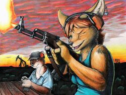 2007 5_fingers aiming ak-47 ak_platform anthro assault_rifle baseball_cap breasts brown_body brown_fur canid canine clothing colored_pencil_(artwork) duo ear_piercing electronics evening eyewear female fingers fire fox fur furniture glasses green_eyes gun hat headgear headphones headwear holding_gun holding_object holding_ranged_weapon holding_weapon kalahari looking_aside looking_at_another male mammal mustelid neck_muscles one_eye_closed otter outside piercing pumpjack ranged_weapon rifle shirt shooting sky table tan_body tan_fur tank_top topwear traditional_media_(artwork) weapon white_body white_fur wink