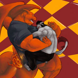 1:1 2010 angry annoyed anthro anthrofied belly biceps black_hair blue_eyes bottomless bottomwear canid canine canis charizard charkonian_graotl_ard checkered checkered_background clothed clothing collar domestic_dog dragon duo fangs fire flaming_tail fur generation_1_pokemon glomp grey_body grey_fur grin hair horn hug husky langdon_marston male mammal membrane_(anatomy) membranous_wings muscular mythological_creature mythological_scalie mythology nintendo nordic_sled_dog open_mouth orange_body orange_scales overweight pants pattern_background paws pecs pokemon pokemon_(species) pokemorph raikenji scales scalie shirt simple_background size_difference slightly_chubby smile spitz standing tail teeth tongue topless topwear vein wings