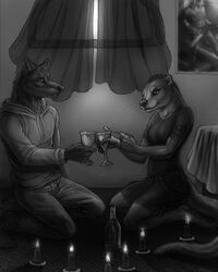 4:5 absinthe_(drink) anthro beverage canid canine canis domestic_ferret duo ear_piercing female food green_fairy male mammal meg_(dangerous_spirits) monochrome mustelid musteline piercing romantic romantic_ambiance romantic_couple rukis sitting sol_(dangerous_spirits) surprise tail true_musteline weasel wolf