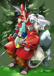 anthro blush burmecian canid canine closed_eyes clothed clothing dragoon duo female final_fantasy final_fantasy_ix fox freya_crescent grass hair hat headgear headwear hug mammal outside plant ratbat rodent romantic romantic_couple square_enix tail white_hair