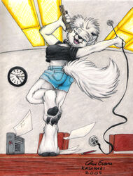 2005 4_toes anastasia_(kalahari) anthro arctic_fox ass barefoot biped black_nose black_pawpads blue_eyes bottomwear breasts canid canine clock clothed clothing colored_pencil_(artwork) dancing dual_holding electronics falling_object falling_paper feet female film_strip fox fur hair holding_film_strip holding_object inside kalahari looking_at_viewer mammal midriff paper pawpads paws pencil_(object) radio reel shirt shorts soles solo tail tank_top tape teeth toes topwear traditional_media_(artwork) true_fox white_body white_fur white_hair writing_utensil