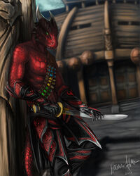 2012 4:5 abs anthro argonian armor belt bethesda_game_studios biceps big_muscles biped brun_(brunalli) brunalli clothed clothing detailed detailed_background detailed_scales dragon fangs gauntlets gloves handwear hi_res horn leaning looking_at_viewer male melee_weapon microsoft muscular muscular_anthro muscular_male mythological_creature mythological_scalie mythology outside pecs potion purple_eyes red_body red_scales red_theme sabre_(weapon) scales scalie ship skyrim solo standing strap_across_chest sword tail tattoo teeth the_elder_scrolls tidmatiger topless unconvincing_armor vehicle vial warrior watercraft weapon