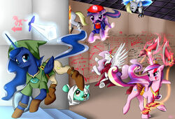 alicorn assassin&#039;s_creed black_forest_cake blonde_hair blue_body blue_clothing blue_fur blue_hair bodily_fluids brown_clothing capcom chell clothing coat cosplay crossover crown crying cutie_mark dante_(dmc) daughter-of-destiny daughter-of-fantasy derpy_hooves detailed_background devil_may_cry english_text equid equine facial_hair feathered_wings feathers female feral friendship_is_magic fur god_of_war green_body green_clothing green_fur grey_body grey_fur group hair hasbro headgear hi_res hood horn horse jumpsuit kratos levitation link long_fall_boots long_hair looking_at_viewer lyra_heartstrings_(mlp) magic magic_user mammal mario mario_bros melee_weapon moustache multicolored_hair my_little_pony mythological_creature mythological_equine mythology nintendo open_mouth orange_clothing orange_jumpsuit overcoat parody pegasus pink_body pink_fur pink_hair pony portal portal_(series) portal_gun princess princess_cadance_(mlp) princess_celestia_(mlp) princess_luna_(mlp) purple_body purple_eyes purple_fur purple_hair quadruped red_clothing royalty shirt sony_corporation sony_interactive_entertainment sword tail tan_clothing tank_top teal_eyes tears test_chamber text the_cake the_cake_is_a_lie the_legend_of_zelda topwear twilight_sparkle_(mlp) two_tone_hair ubisoft unicorn valve wall_of_text weapon white_body white_clothing white_fur wings yellow_eyes