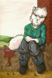 2008 anastasia_(kalahari) anthro arctic_fox biped blue_eyes boots breasts canid canine clothed clothing cloud collar colored_pencil_(artwork) detailed_background female footwear fox front_view fur hair kalahari looking_at_viewer mammal marker_(artwork) mixed_media neck_muscles outside sitting sky smile solo tail traditional_media_(artwork) true_fox white_body white_fur white_hair