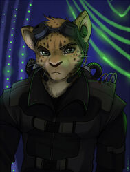 abstract_background anthro armor clothing earpiece electronics eyewear eyewear_on_head felid goggles goggles_on_head grey_eyes hazard_symbol hazard_symbol_print jacket koul leopard male mammal military nuclear pantherine print_earpiece radiation_symbol radiation_symbol_print simple_background soldier solo symbol topwear uniform warrior