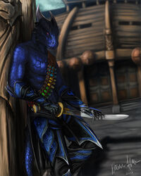 2012 4:5 abs alternate_color anthro argonian armor belt bethesda_game_studios biceps brun_(brunalli) brunalli clothed clothing detailed detailed_scales gauntlets gloves handwear hi_res horn looking_at_viewer male melee_weapon microsoft muscular muscular_anthro muscular_male outside pecs potion purple_eyes sabre_(weapon) scales scalie ship skyrim solo sword tail tattoo the_elder_scrolls tidmatiger topless unconvincing_armor vehicle vial warrior watercraft weapon