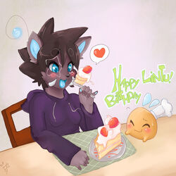 1:1 anthro black_hair blue_eyes blush cake clothing dessert eating female food hair heart_symbol hi_res holding_food holding_object hoodie lintu_(character) open_mouth phuufy solo topwear unknown_species