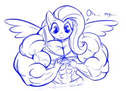 2012 abs anthro anthrofied biceps blue_and_white breasts clothed clothing dialogue doctorplaid english_text equid equine feathered_wings feathers female flat_chested fluttershy_(mlp) friendship_is_magic hair hasbro inks mammal mane monochrome muscular muscular_anthro muscular_female my_little_pony mythological_creature mythological_equine mythology pegasus simple_background sketch skimpy solo text white_background wings