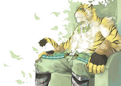 anthro beau_(artist) belt biceps big_muscles blue_eyes bottomwear chair clothing felid fur furniture gloves handwear jewelry male mammal muscular muscular_anthro muscular_male pantherine pants pecs pose solo stripes tail throne tiger wallpaper