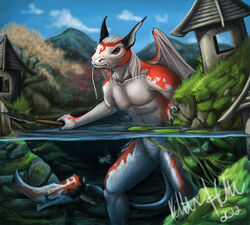 2012 abs amur_carp anthro anthrofied aquatic_dragon biceps carp cloud creek cyprinid cypriniform detailed_background dragon fish grass group hair holding_object holding_weapon japanese koi lamp lantern looking_at_viewer male marine melee_weapon membrane_(anatomy) membranous_wings mountain muscular mythological_creature mythological_scalie mythology nude outside partially_submerged pecs plant polearm rock scalie signature sky solo_focus spear stone_lantern tail tidmatiger tree typical_carp underwater water waterline_view weapon whiskers wings wood