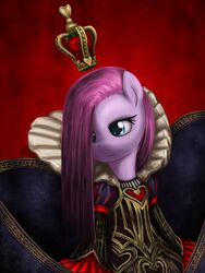 3:4 alice_in_wonderland american_mcgee&#039;s_alice blue_eyes clothing crown earth_pony equid equine female friendship_is_magic hair hasbro headgear hi_res horse mammal my_little_pony pink_hair pinkamena_(mlp) pinkie_pie_(mlp) pony queen_of_hearts_(alice_in_wonderland) saturnspace simple_background solo