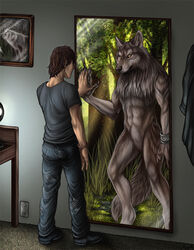 abs altered_reflection anthro biceps biped bottomwear brown_body brown_fur brown_hair canid canine canis clothed clothing denim denim_bottomwear denim_clothing duality footwear fur hair human inside jeans looking_at_mirror looking_at_object male mammal mirror muscular muscular_anthro muscular_male nude pants pecs photo reflection rukis shirt shoes solo standing tail therian therianthrope topwear wolf yellow_eyes