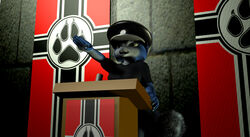 3d_(artwork) anthro blue_body blue_fur blue_hair canid canine clothing darkstory_(artist) digital_media_(artwork) female footprint fox fur hair krystal_(charleyfox) krystal_(star_fox) lectern mammal nazi nazi_flag nazi_salute nazifur nintendo pawprint solo star_fox tail uniform white_body white_fur