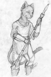 5_fingers anthro armor biped boots bottomwear canid canine canis clothed clothing domestic_cat ear_piercing exalted felid feline felis fingers footwear fully_clothed gauntlets gloves grentain greyscale handwear hi_res holding_object holding_weapon hybrid male mammal monochrome pants piercing shirt simple_background sketch solo staff standing tail topwear tunic weapon white_background wolf