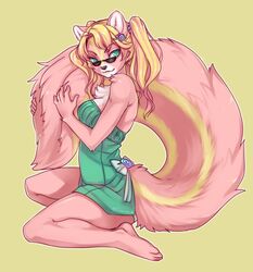 anthro blonde_hair candy clothed clothing dessert ear_piercing eyewear female food fur glasses green_eyes hair hanaface hi_res holding_tail lollipop mammal mephitid piercing pink_body pink_fur ribbons skimpy skunk solo striped_skunk sunglasses tail