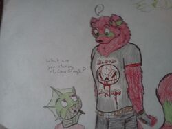 4:3 anthro canid canine clothing dialogue dragon duo dwarfism english_text fin fluffy fluffy_tail fox gloves handwear hi_res humor male mammal mythological_creature mythological_scalie mythology pun redgreenfluffball scalie simple_background tail text zach_snowfox