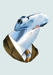 ambiguous_gender anthro bust_portrait clothed clothing etsy fish graphite_(artwork) ground_shark hammerhead_shark marine open_mouth pencil_(artwork) portrait shark simple_background solo suit traditional_media_(artwork) white_background