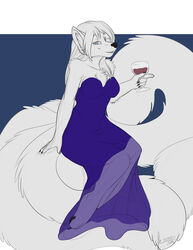 2012 alcohol anthro beverage black_nose blue_eyes canid canine clothing digital_media_(artwork) dreamspinner dress female fox fur holding_glass holding_object krinele_fullin mammal multi_tail purple_clothing purple_dress simple_background solo tail temrin white_background white_body white_fur wine