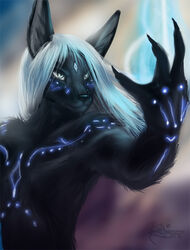 2078 abstract_background anthro anubian_jackal anubis bioluminescence black_body black_claws black_fur black_nose blue_eyes canid canine canis claws clothed clothing crystal deity egyptian_mythology fur gem glowing glowing_markings hair jackal koul long_ears long_hair magic magic_user male mammal markings middle_eastern_mythology mythology nude selker_(character) selker_ari signature simple_background sindarai sindaraye solo spell topless topless_male white_hair