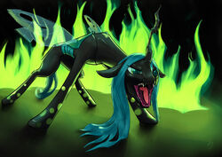 angry arthropod black_body black_fur blue_hair changeling fangs female feral ferocious fire friendship_is_magic fur green_eyes hair hasbro hole_(anatomy) horn insect_wings magic my_little_pony nihilruin quadruped queen queen_chrysalis_(mlp) royalty solo tail teeth wings