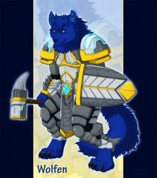 4_toes anthro armor blue_body blue_eyes blue_fur canid canine canis claws essence_of_rapture eyewear feet fur glasses hi_res male mammal paladin shield solo tail toe_claws toes wolf wolfen