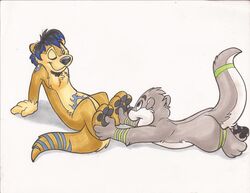 3_toes anthro barefoot domestic_ferret duo facial_hair feet foot_rub goatee highlights_(coloring) hindpaw kipper male mammal markings massage mustelid musteline otter pawpads paws smile soles tail tattoo tickling toes true_musteline weasel