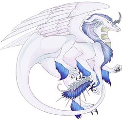 ambiguous_gender blue_eyes dragon edf fangs feathered_dragon feathered_scalie feathered_wings feathers feral fluffy fur hexapodal horn monster multi_eye myfi mythological_creature mythological_scalie mythology scalie simple_background solo tail teeth white_background white_body white_skin wings