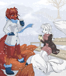 anthro beverage boots bottomless canid canine clothed clothing cloud demicoeur digital_media_(artwork) dreamspinner duo female food footwear fox fur holding_object krinele_fullin mammal molly_fullin multi_tail outside sky snow snowing tail white_body white_fur winter