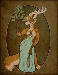 anthro antlers art_deco bix707 blonde_hair breasts canid canine canis clothing deer dress feathers female hair hi_res horn hybrid jewelry kaia_(truekaia) mammal nude short_hair simple_background solo tail wolf