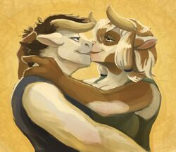 anthro arm_around_neck blizzard_entertainment bovid bovine clothing digital_media_(artwork) duo eye_contact female horn hug kissing looking_at_another male male/female mammal shirt sketch spots tauren thestory topwear warcraft