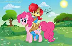 anthro archie_comics blazeymix blue_eyes brown_body brown_fur chipmunk cloud crossover cutie_mark detailed_background duo equid equine female feral flower forest friendship_is_magic fur ground_squirrel hair hasbro horse mammal my_little_pony navel outside pink_hair pinkie_pie_(mlp) plant pony quadruped red_hair rodent sally_acorn sallyhot sciurid sega sky smile sonic_the_hedgehog_(archie) sonic_the_hedgehog_(comics) sonic_the_hedgehog_(series) sun tail tattoo tree wood